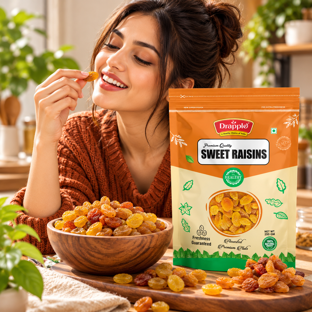 Drapple Premium Sweet Golden Raisins (Kismish)- (250g Pouch)