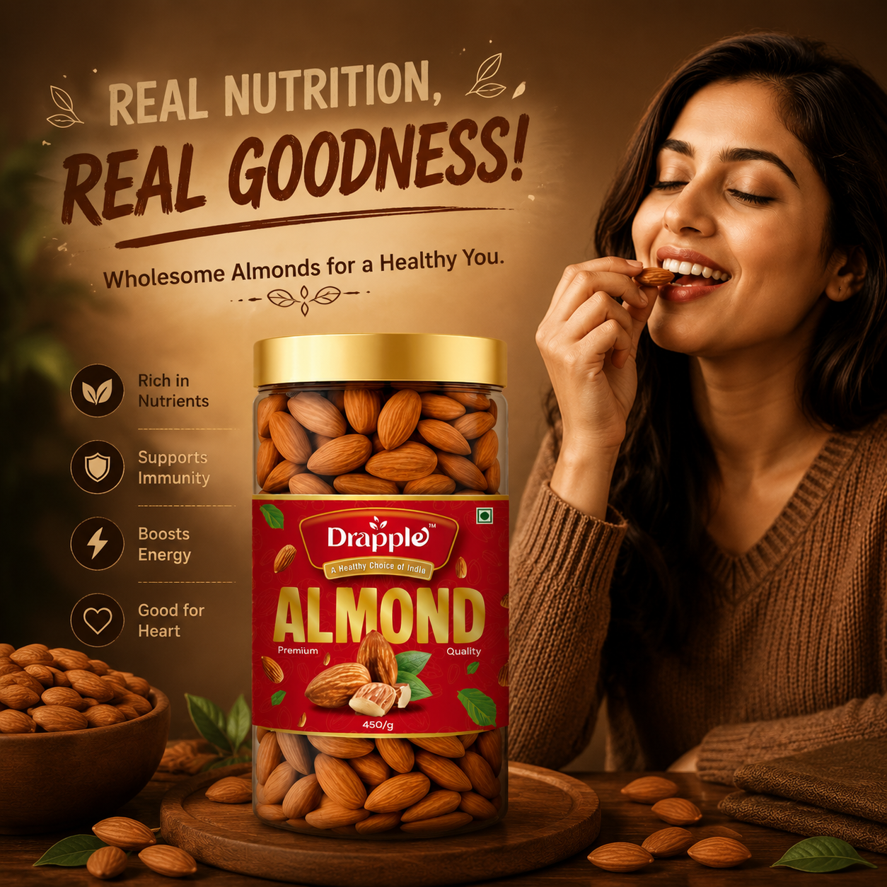 Drapple Premium Almonds β Healthy Crunchy Almond Nuts (450g Jar)