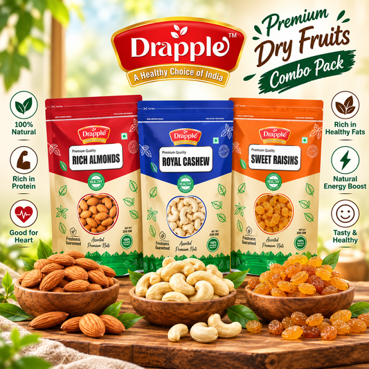 Drapple Premium Dry Fruits Pouch Combo – Almonds (Badam), Cashews (Kaju) & Raisins (Kismish)