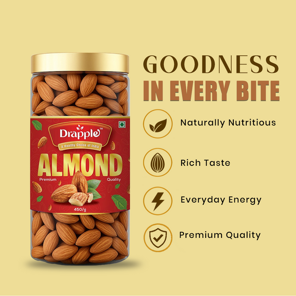 Drapple Premium Almonds (Badam) – Healthy Crunchy Almond Nuts (450g Jar)