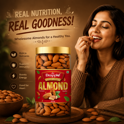 Drapple Premium Almonds – Healthy Crunchy Almond Nuts (450g Jar)