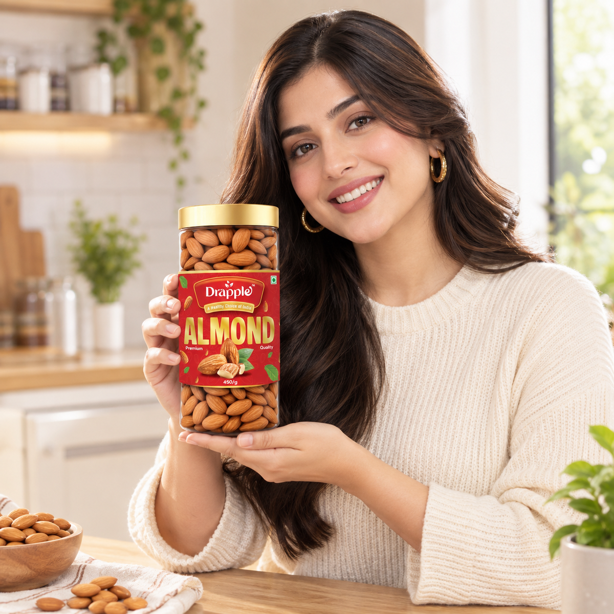Drapple Premium Almonds (Badam) – Healthy Crunchy Almond Nuts (450g Jar)