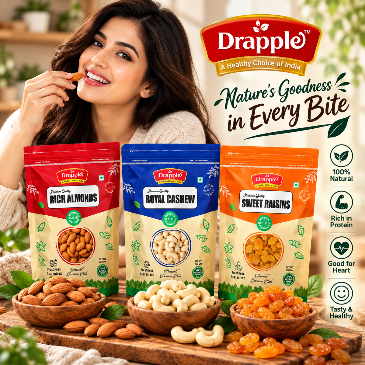 Drapple Premium Dry Fruits Pouch Combo – Almonds (Badam), Cashews (Kaju) & Raisins (Kismish)