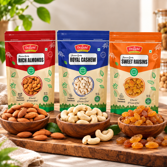 Drapple Premium Dry Fruits Pouch Combo – Almonds (Badam), Cashews (Kaju) & Raisins (Kismish)