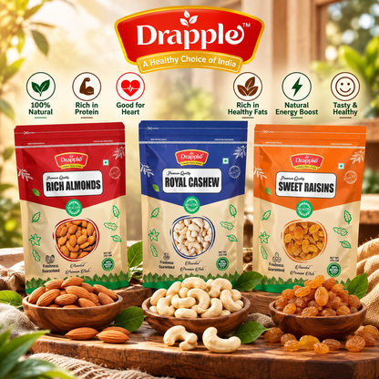 Drapple Premium Dry Fruits Pouch Combo – Almonds (Badam), Cashews (Kaju) & Raisins (Kismish)